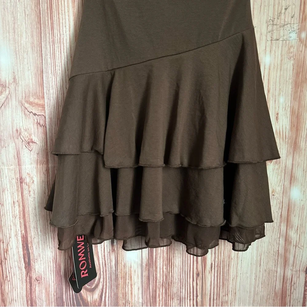 Romwe Brown The White Lotus Embroidered Tiered Hem Halter Mini Dress Sz XS - Picture 10 of 11